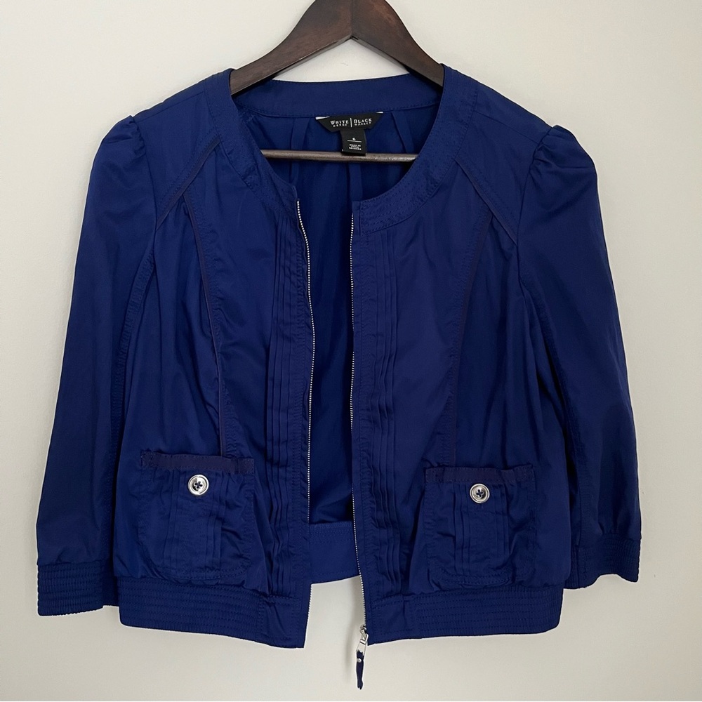 WHBM Royal Blue Cropped Utility Jacket Puff Sleeve Contemporary Feminine